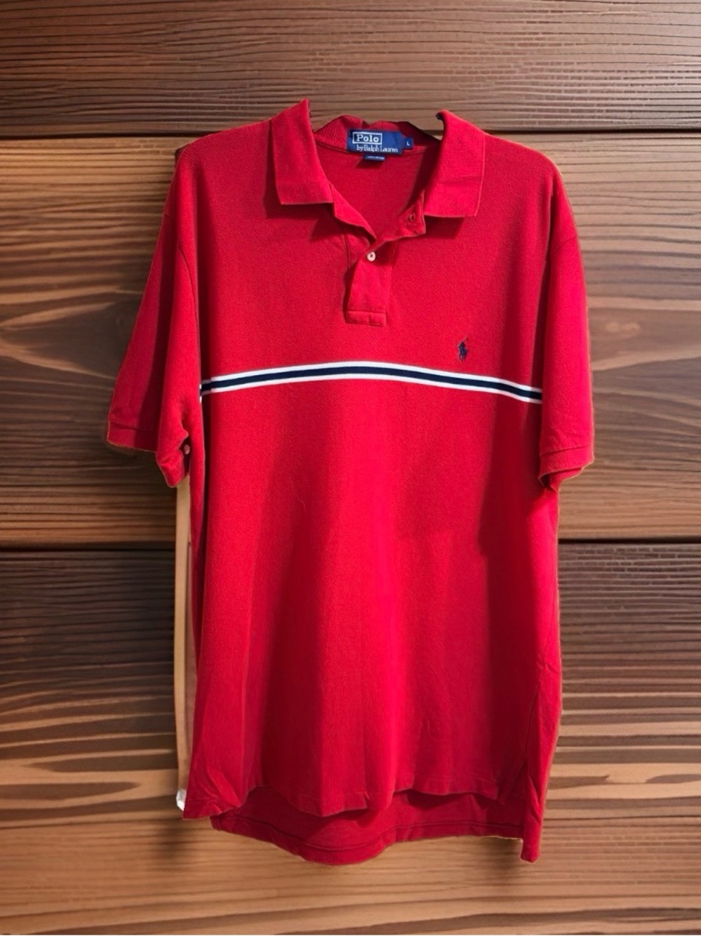 Polo by Ralph Lauren Red Short Sleeve Polk w/Navy & White Chest Stripe-L-EC